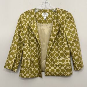Talbots Open Front Jacket Womens 8 Green Geometric Pockets Stretch‎ Artsy